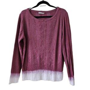 Zara Sweater Womens XL Wine Dipped White Cuffs Hem Scoop Neck Ribbed Knit Boho